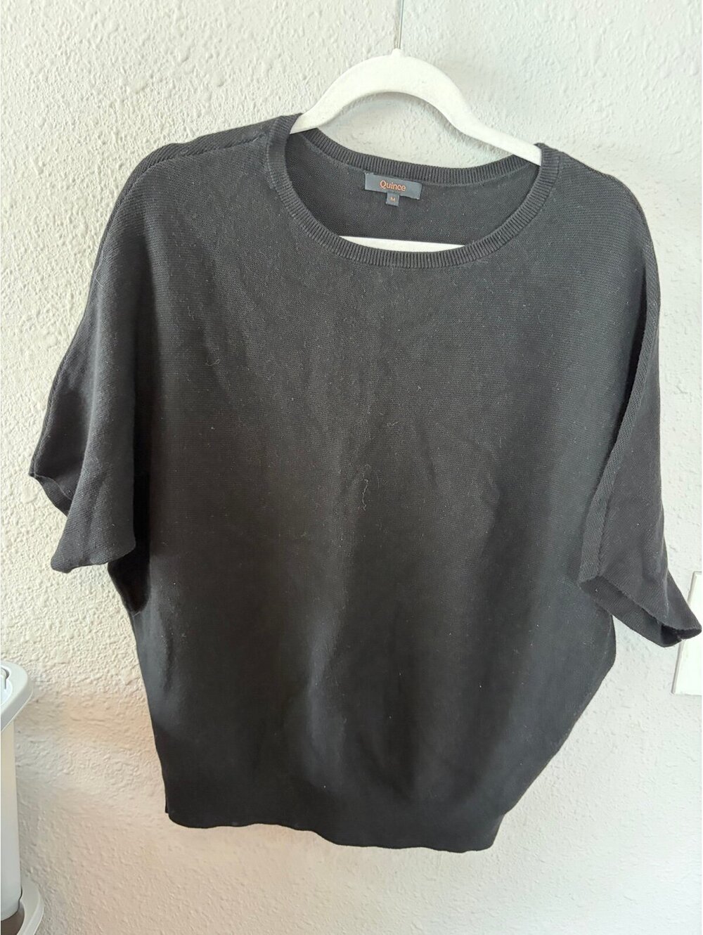 Quince Lightweight Cotton Cashmere Link-Stitch Dolman Sweater Black size M. On w